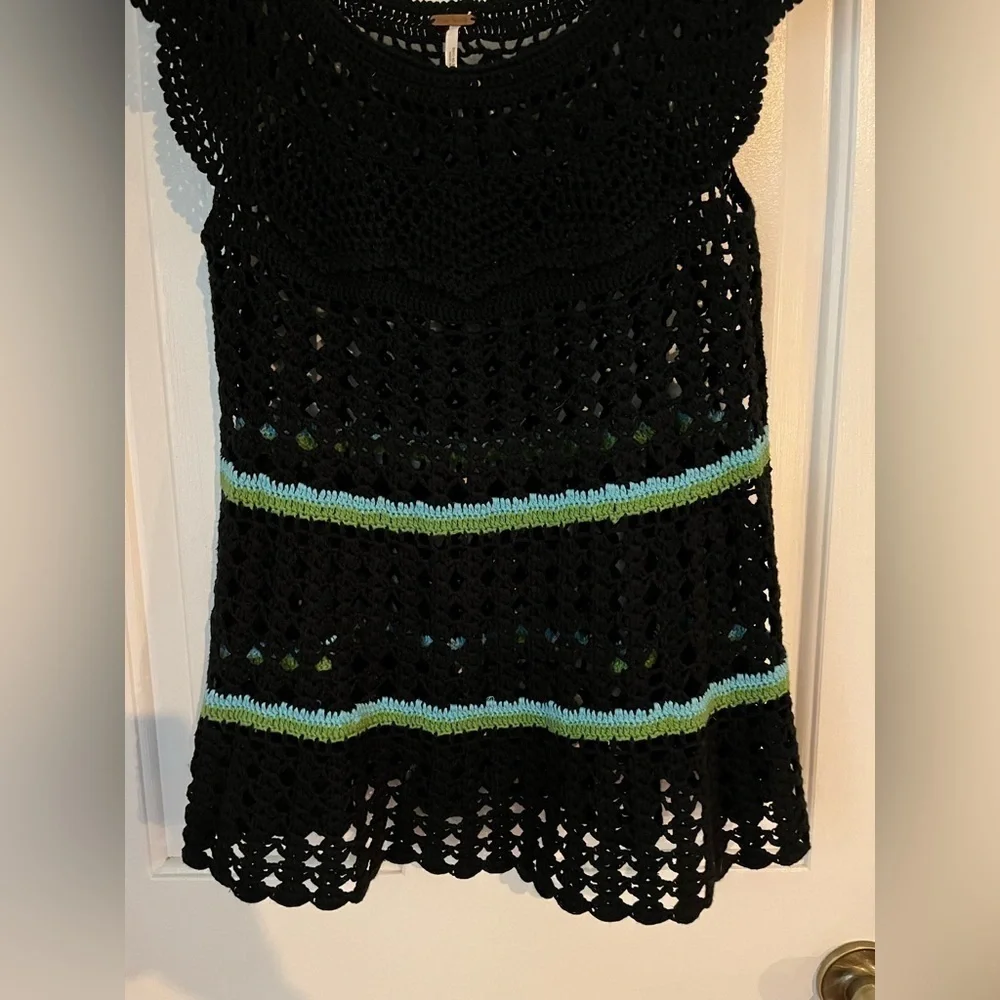 Free People | Crochet Knit‎ Top Small Black Bohemian Cap Sleeve Linen Cotton